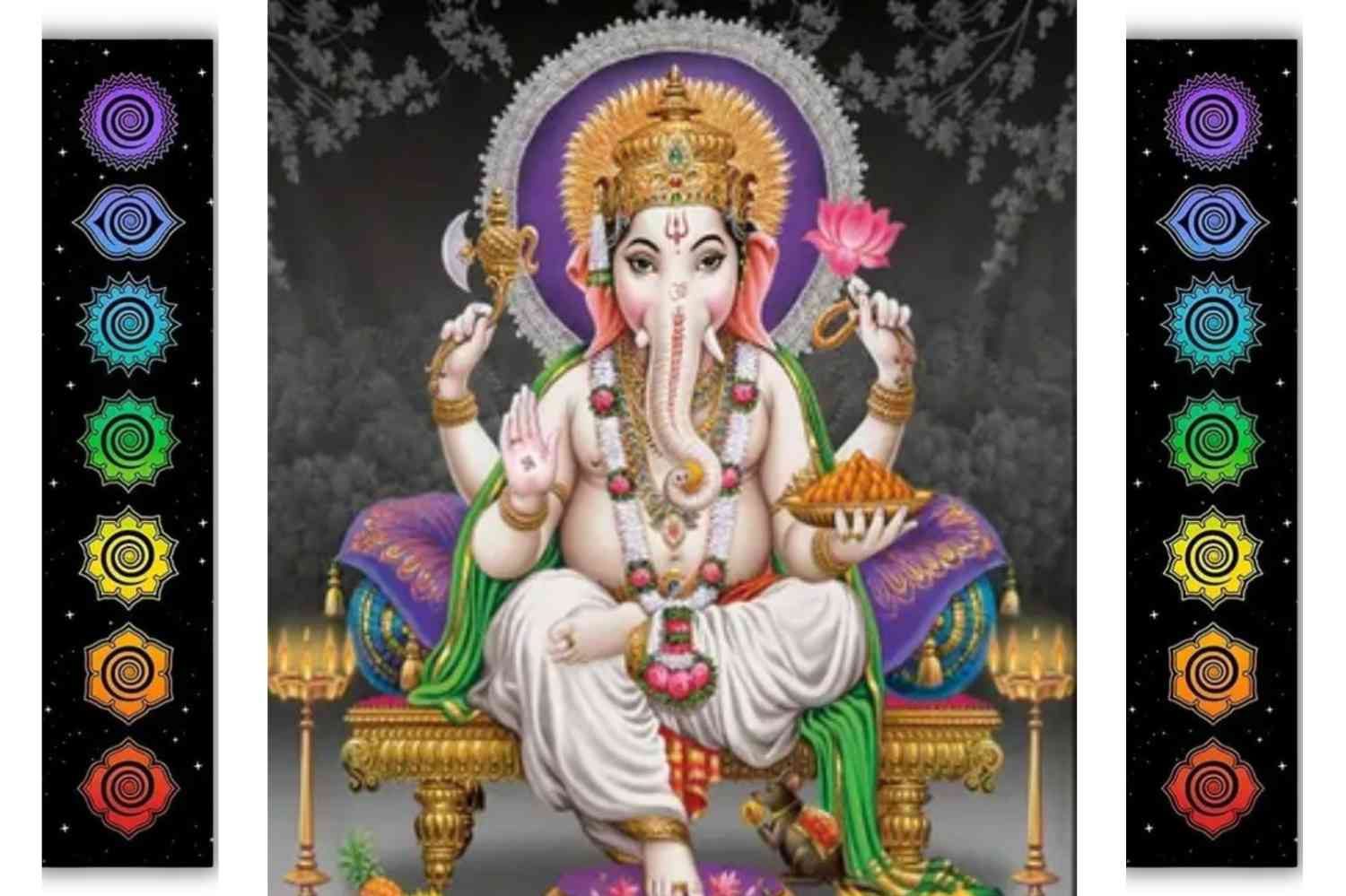 Ganesha, den hinduiska goden, sitter på en tron med symboler och färger runt sig.