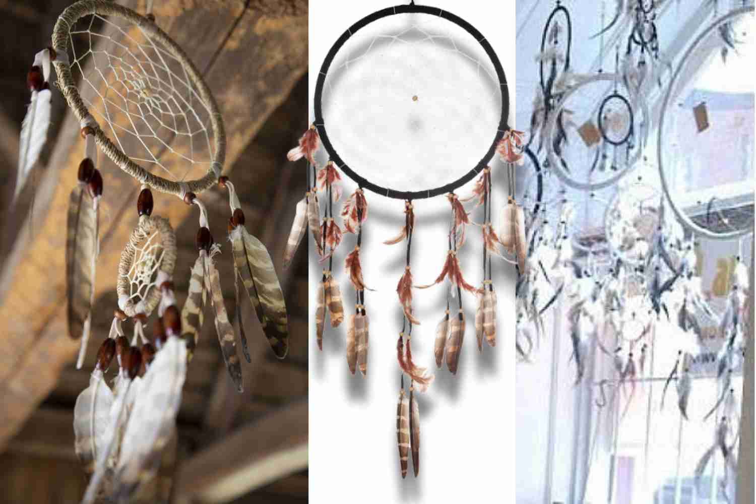 Tre drömfångare med fjädrar och pärlor i olika stilar och färger.